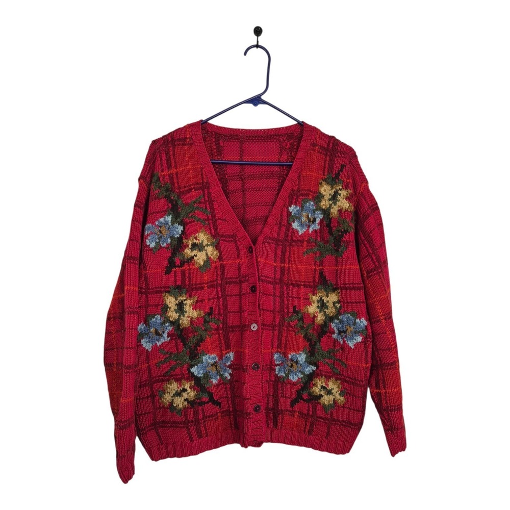 Vintage Talbots Cardigan Red Plaid Floral Embroidered Cotton Wool Grannycore